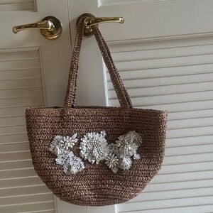 Brown Crochet Tote Bag with White Sequin Floral Accents